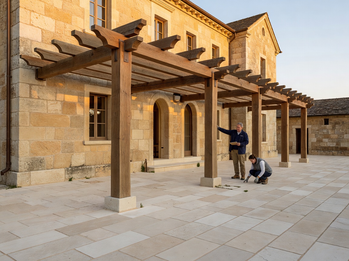 Architectural stone villa exterior showing inspection of timber pergolas and limestone paving