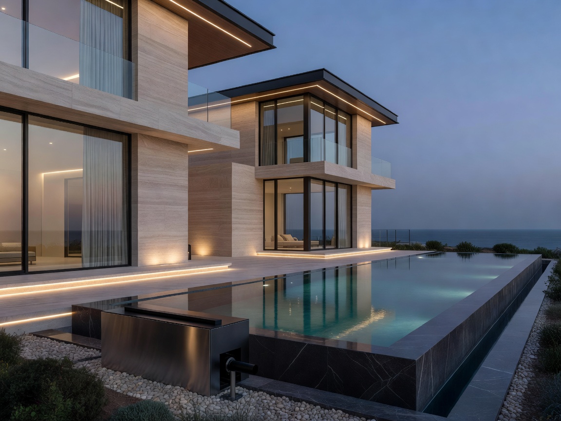 Architectural villa exterior with pool filtration and discreet outdoor lighting