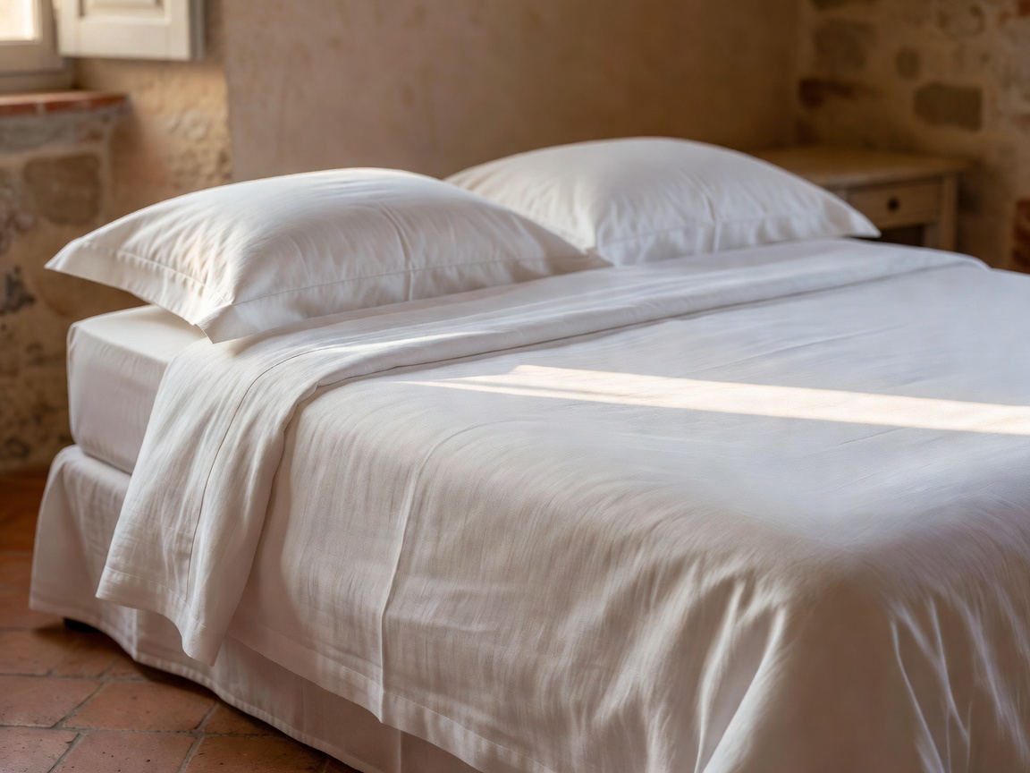 Crisply ironed white linen bedding with soft morning light in an Italian villa