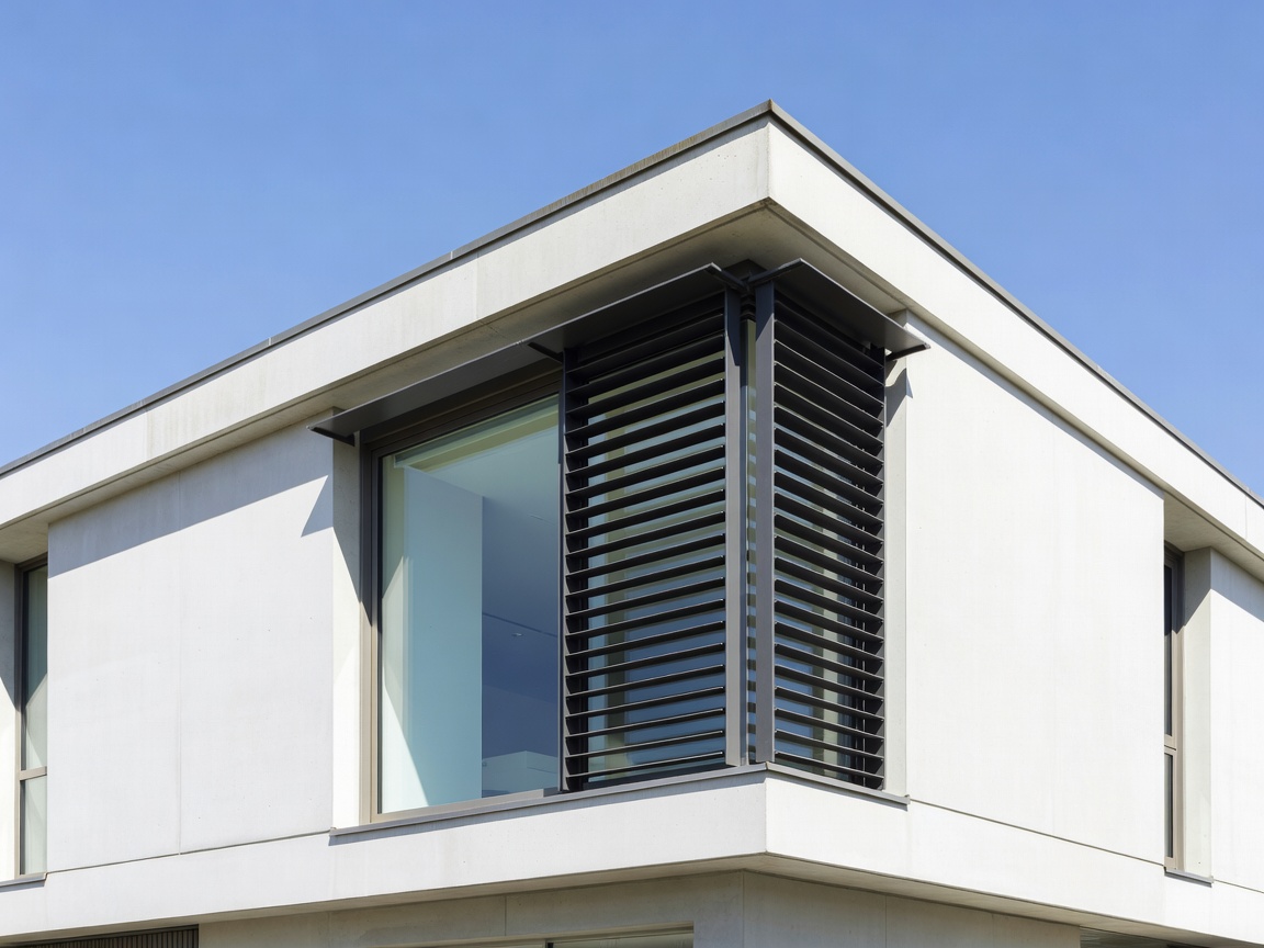 Detailed architectural window fixture and roofline inspection of a modern villa