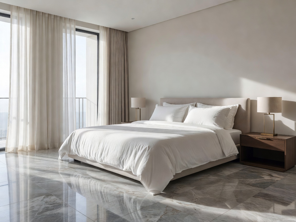 Master suite with crisp linen bedding and polished stone flooring