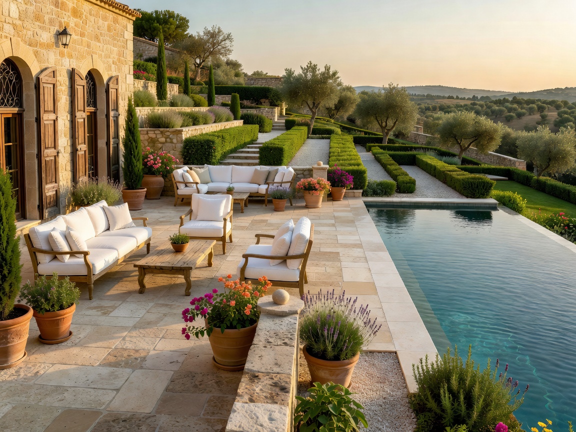 Mediterranean luxury villa stone terrace overlooking landscaped gardens and pool