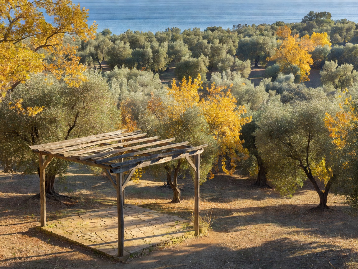 Pergola overlooking Mediterranean olive trees during autumn season transition