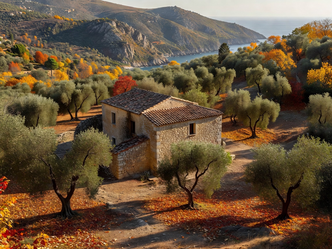 Scenic autumn view of a stone villa surrounded by olive groves and coastal hills