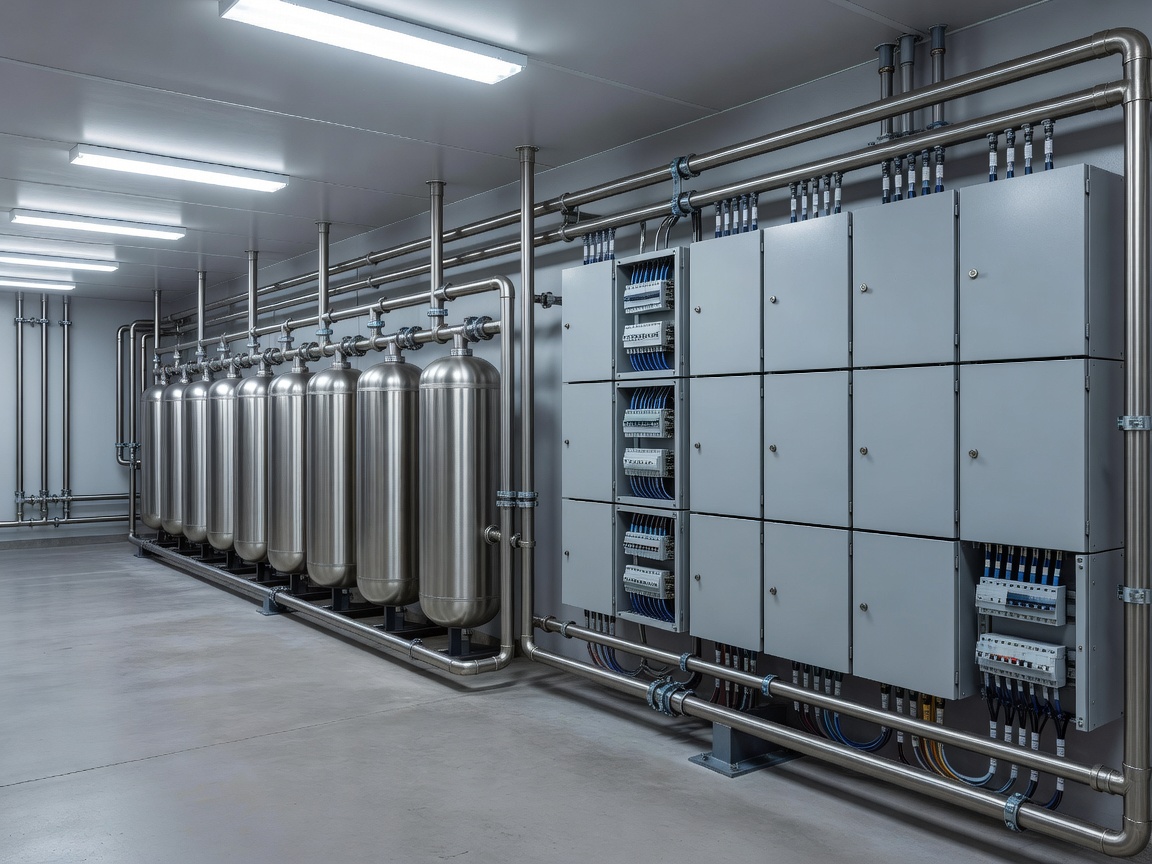 Technical plant room showing neatly organized water filtration and electrical switchgear