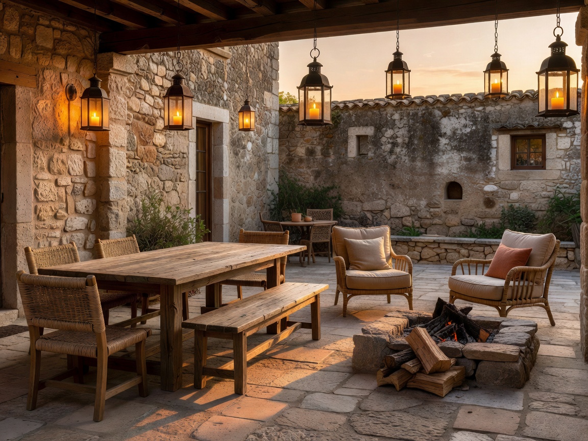 Villa stone courtyard with warm evening lanterns and ready outdoor furniture